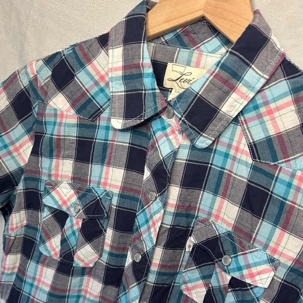 Levi's Western Shirt Women Small Blue Pink Plaid Short Sleeve Pearl Snap Top